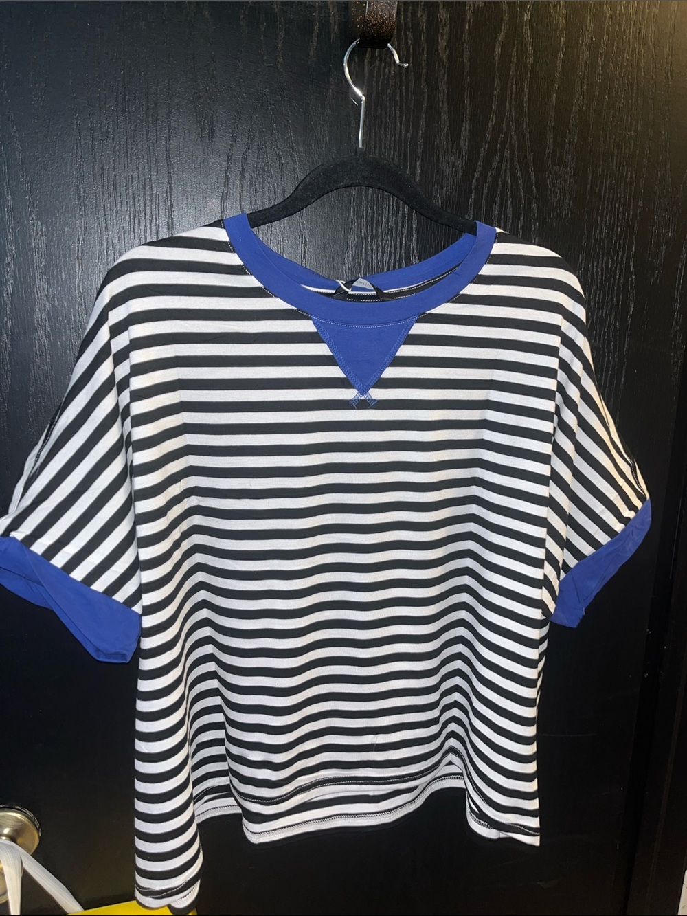 Black & White Striped Short Sleeve Tee with Royal Blue Trim oversized
